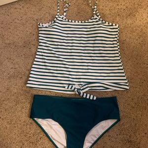 Teal and white stripped tankini
